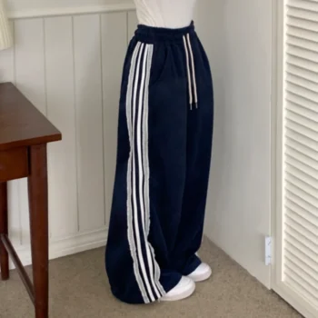 RR Sporty Loose Wide Leg Sweatpants Women Elegant Side Lace Patchwork Trousers Women Drawstring Pants Female Ladies